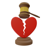 3d render illustration of broken or cracked red heart icon and judge's gavel. divorce judgment concept png