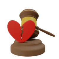 3d rendering icon illustration of cracked or broken red hammer and red heart. divorce judgment concept png