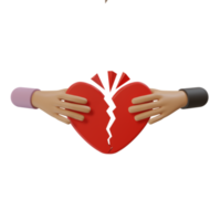 3d render illustration of icon of two hands holding cracked and broken heart. icon concept of being divorced or breaking up of two partners png