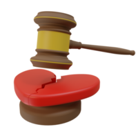 3d render illustration of broken or cracked red heart icon and judge's gavel. divorce judgment concept png