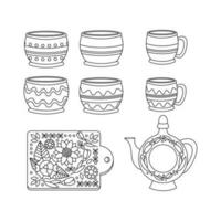 A set of dishes, cups, pots, a kitchen cutting board. Ukrainian symbols. vector