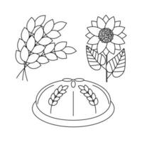 Loaf. A sheaf of wheat. Sunflower flower. Ukrainian symbols. vector