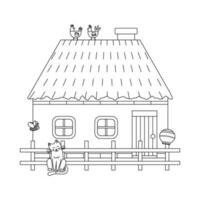 Ukrainian house with animals, a cat, chickens, birds. Ukrainian symbols. vector