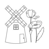 Mill, poppy flowers. Ukrainian symbols. vector