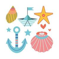 conjunto de conchas marinas, estrella de mar, ancla, Embarcacion en plano dibujos animados estilo. vector