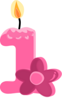 Rosa einer 1 Nummer glücklich Geburtstag Kerze und Blume png Illustration.