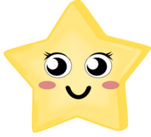 Cute yellow star girly style face has eyelash. Doodle star. PNG illustration.