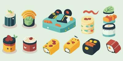 juguetón Sushi magia, dibujos animados ilustración con vistoso rollos y alegre caracteres vector