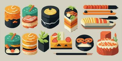 Sushi extravagancia, a todo color vector ilustración exhibiendo un delicioso untado