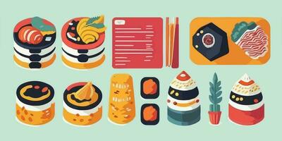 tentador Sushi magia, juguetón dibujos animados ilustración con vistoso rollos vector