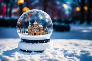 A painting of a snow globe with a snowy scene on the watercolor background. Watercolor paint. Digital art, photo