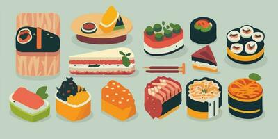 tentador Sushi aventura, juguetón dibujos animados ilustración con vistoso rollos vector