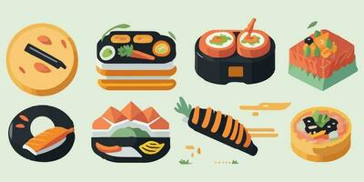 artístico Sushi viaje, vistoso vector ilustración exhibiendo un variedad de rollos