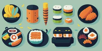 cautivador Sushi aventura, juguetón vector ilustración con vistoso rollos