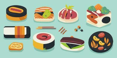 deliciosamente lindo, divertido y vistoso Sushi conjunto ilustración con adorable caracteres vector