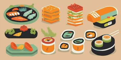 sabroso arte, a todo color vector ilustración de un caprichoso Sushi banquete