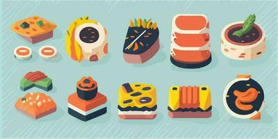 kawaii Sushi mundo maravilloso, encantador y vistoso vector ilustración