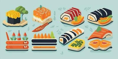 delicioso delicias, divertido y vistoso Sushi conjunto ilustración con irresistible caracteres vector