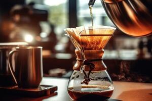 Alternative coffee brewing method,pure over,glass teapot on wooden tray with brewed coffee on dark background. photo