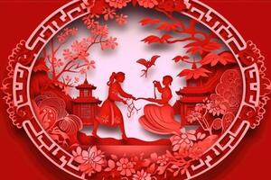 Chinese traditional paper cut from red paper showing national scenes , photo