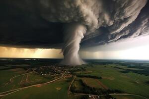 súper ciclón o tornado formando destrucción terminado un poblado paisaje con un hogar o casa en el forma. ai generado foto