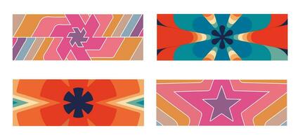 Set of groovy hippie 70s background. Vintage retro swirl, twirl pattern with star, flower. vector art texture in trendy retro psychedelic style