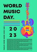 World music day poster with guitar illustration and green background. Editable. Template design for social media, banner, card, cover vector