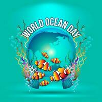 World oceans day design with clownfish in underwater ocean vector