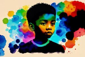 Black History month. An illustration of a little black boy. Silhouette. Watercolor paint. photo