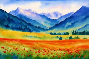 A beautiful scenery. Serene Summer Mountains. A Breathtaking Watercolor Scenery. photo