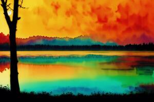 un pintura de un lago en el acuarela antecedentes. acuarela pintar. digital arte, generativo ai foto
