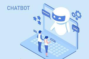 Chatbot technology concept, couple chatting with robot, asking questions and receiving answers. AI assistant support vector illustration