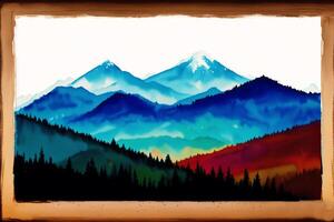 A painting of a mountain on the watercolor background. Watercolor paint. Digital art, photo