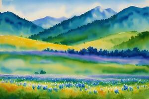 A beautiful scenery. Serene Summer Mountains. A Breathtaking Watercolor Scenery. photo