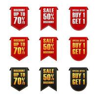 set of label price tag set bundle for discount and product promotion in red, black and golden color vector