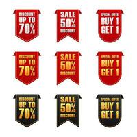 set of label price tag set bundle for discount and product promotion in red, black and golden color vector