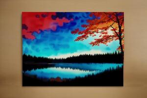 A painting of a lake on the watercolor background. Watercolor paint. Digital art, photo