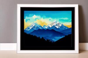 A painting of a mountain on the watercolor background. Watercolor paint. Digital art, photo