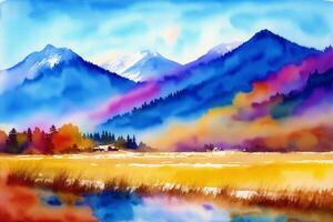 A beautiful scenery. Serene Summer Mountains. A Breathtaking Watercolor Scenery. photo