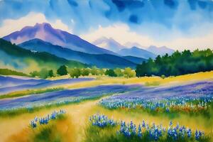 A beautiful scenery. Serene Summer Mountains. A Breathtaking Watercolor Scenery. photo