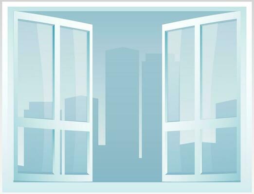 View of urban city from open window in flat  style illustration.
