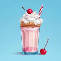 Milkshake with whipped cream and cherry. Icon on blue background. Vintage poster. photo