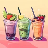 Set of refreshing summer drinks. Fruit smoothies garnished with fresh strawberries, lemon wedges. Colorful illustration in sketch or cartoon style. photo