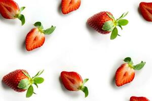 Strawberries on a white background. Pattern of whole berries and halves in random order. Composition in the style of flat lay. photo