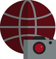 Brown earth globe with grey and red photo camera. vector