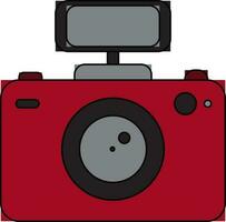 Black line art illustration of a red and grey photo camera with flash. vector