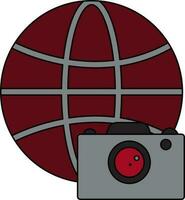 Brown earth globe with grey and red photo camera in black line art. vector