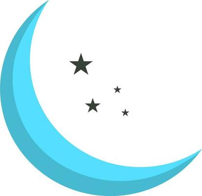 Blue half moon with black stars on white background.