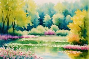 tranquilo verano escenario. un acuarela pintura de parque, lago, campo y río. generativo ai foto