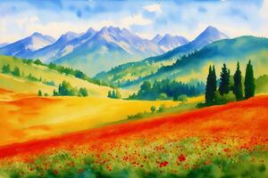 A beautiful scenery. Serene Summer Mountains. A Breathtaking Watercolor Scenery. photo